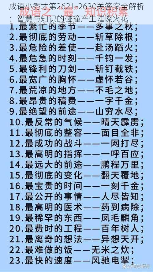 成语小秀才第2621-2630关答案全解析：智慧与知识的碰撞产生璀璨火花