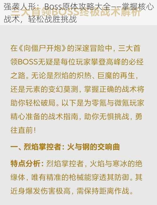 强袭人形：Boss原体攻略大全——掌握核心战术，轻松战胜挑战